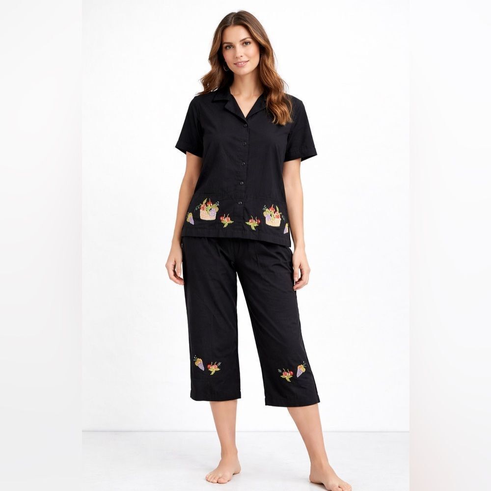 Jane Ashley Women's Black Fruit Applique And Beadwork Pants & Blouse Size Small